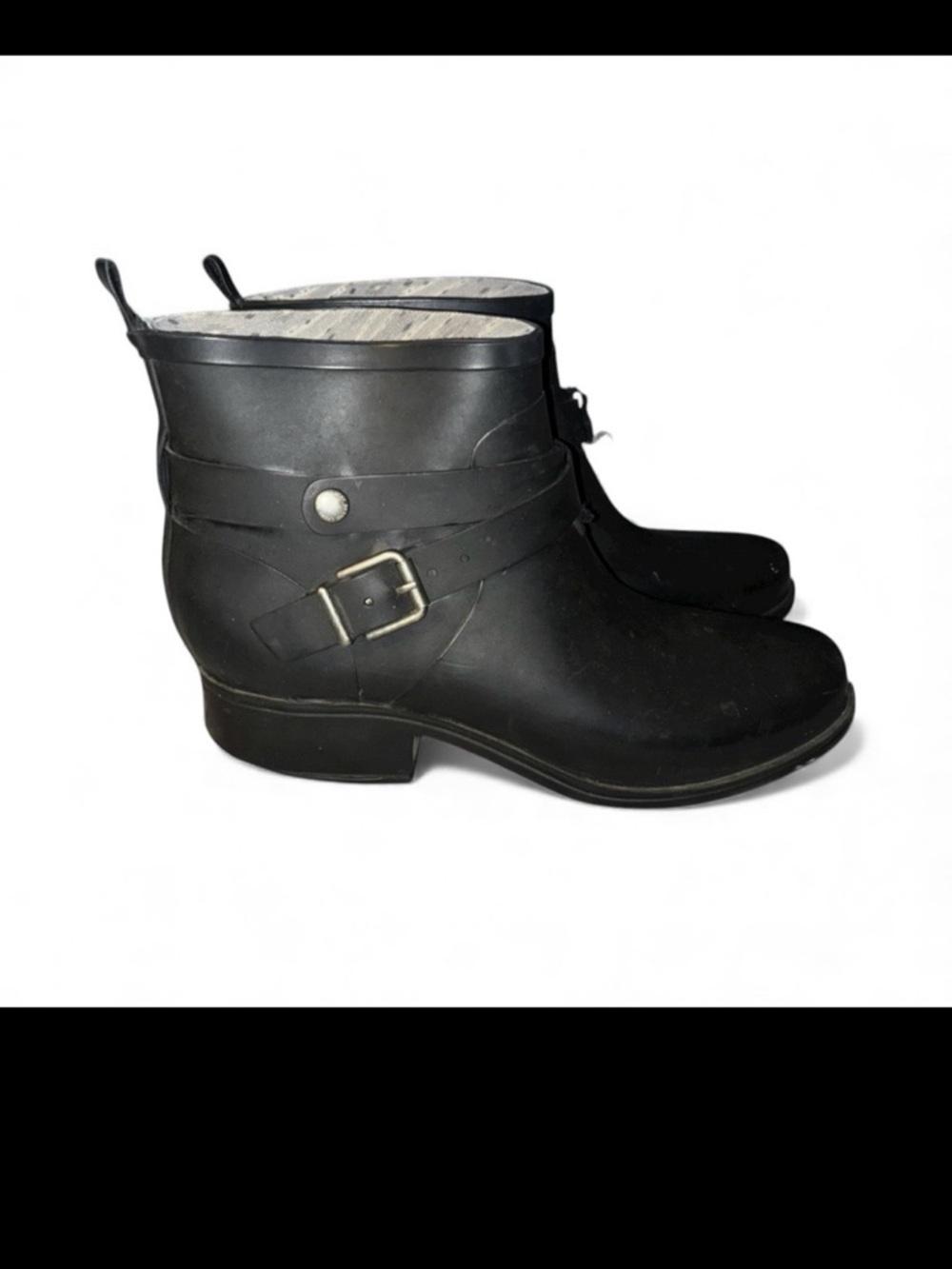 Lucky Brand Rain Boots Womens 10 Black Rindah Ankle Top Pull On Buckle Strap